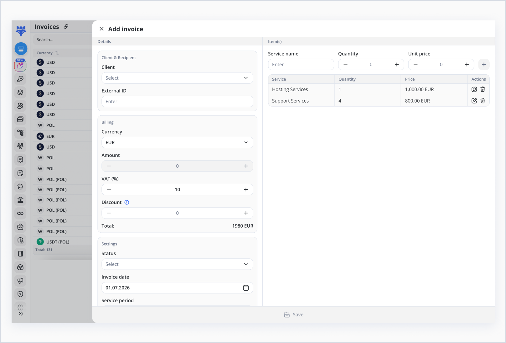 Invoice creation in Wifox Core Banking